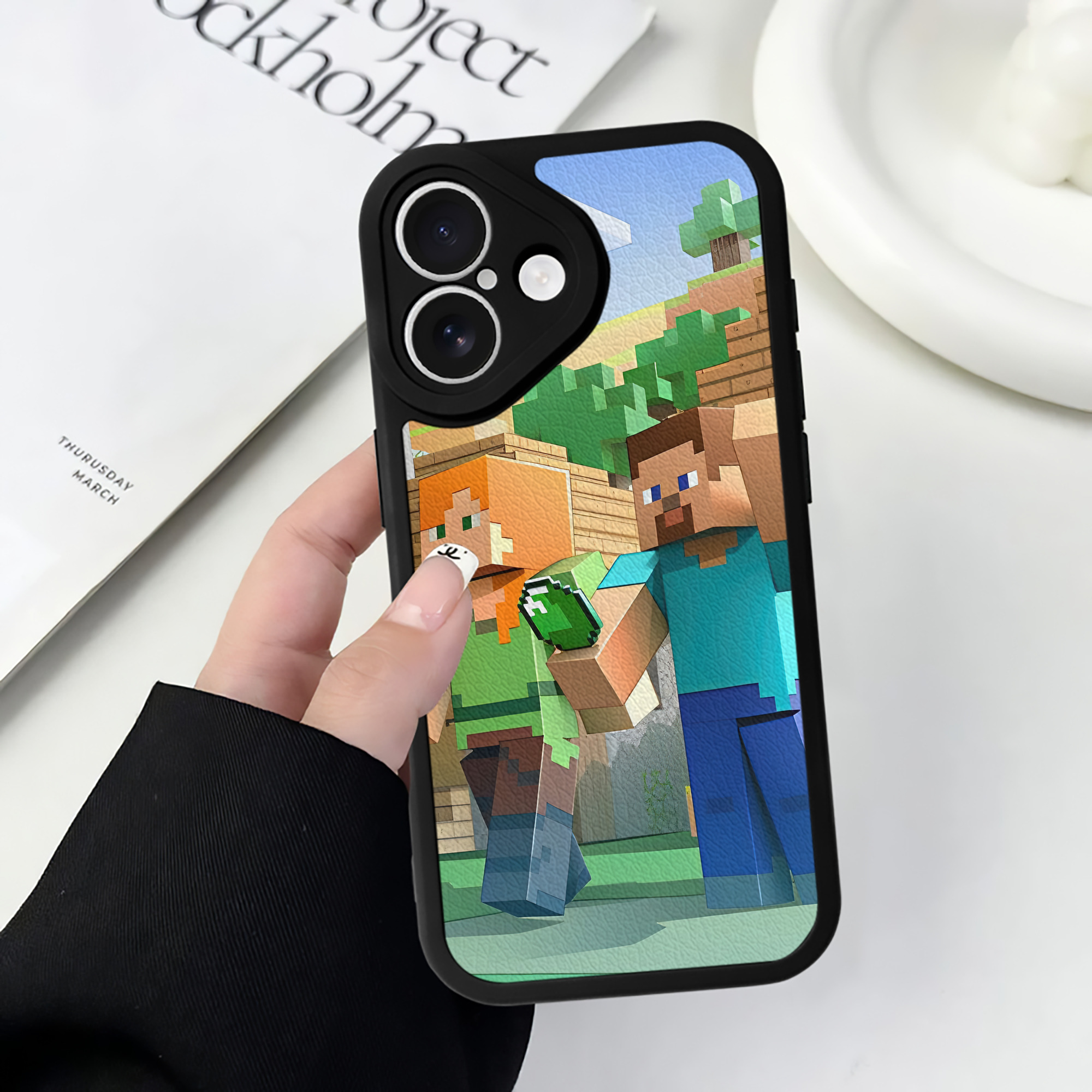 （画像用） マインクラフト ブロックの世界 Minecraft MC Block world 【iPhone 16シリーズ対応】シリコンスマホケース（レザー調） 材質：シリコン